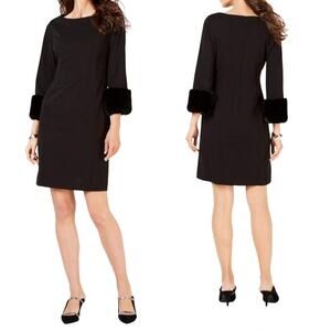 Alfani Faux Fur Trimmed Shift Dress Black 8‎